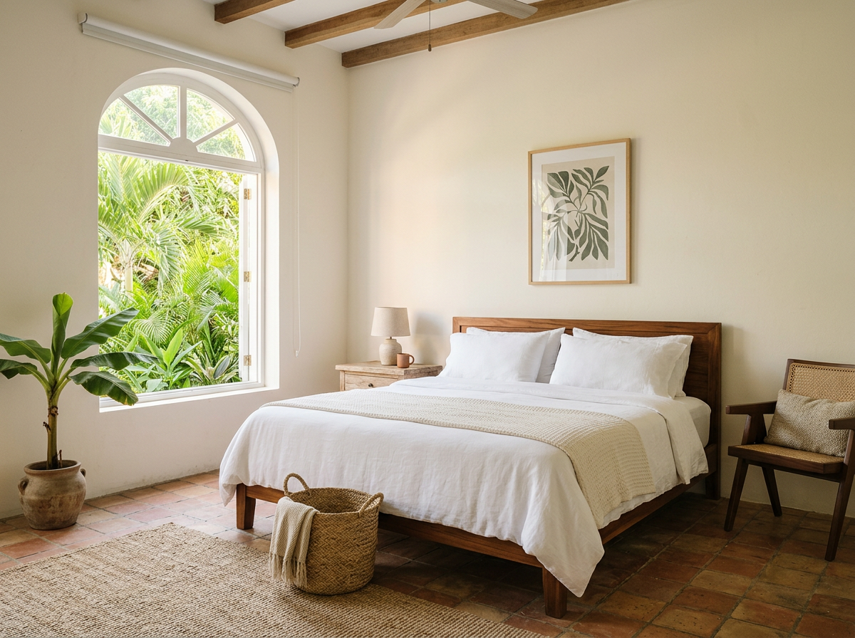 Habitación con cama doble y decoración tropical