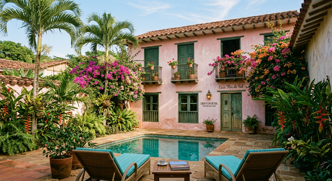 Fachada rosa de Casa di Gio con jardín tropical