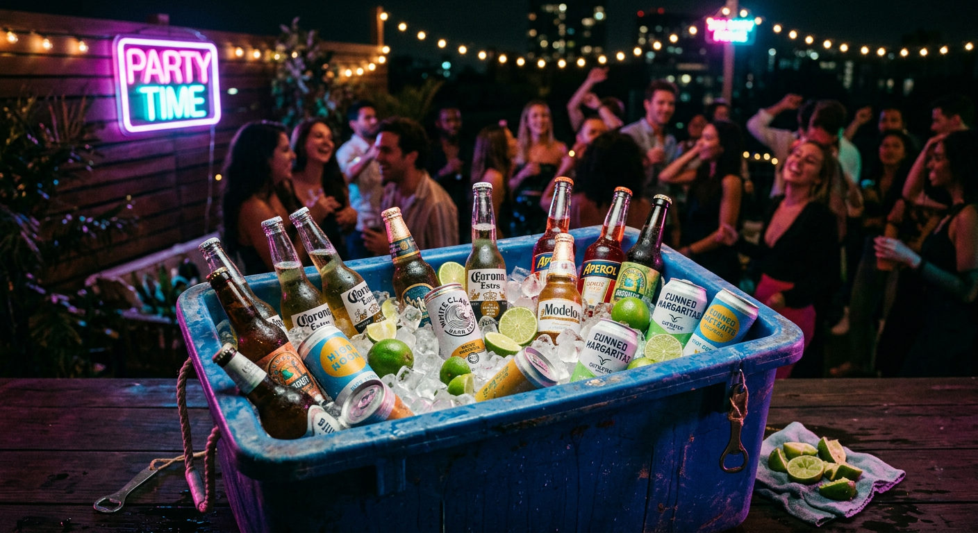 Cava con hielo, cervezas y cócteles en una fiesta