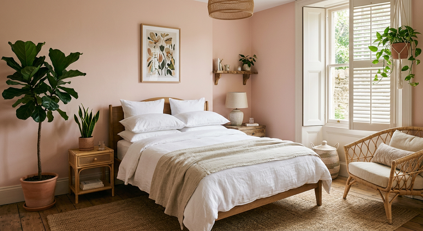 Habitación rosa con cama queen y plantas