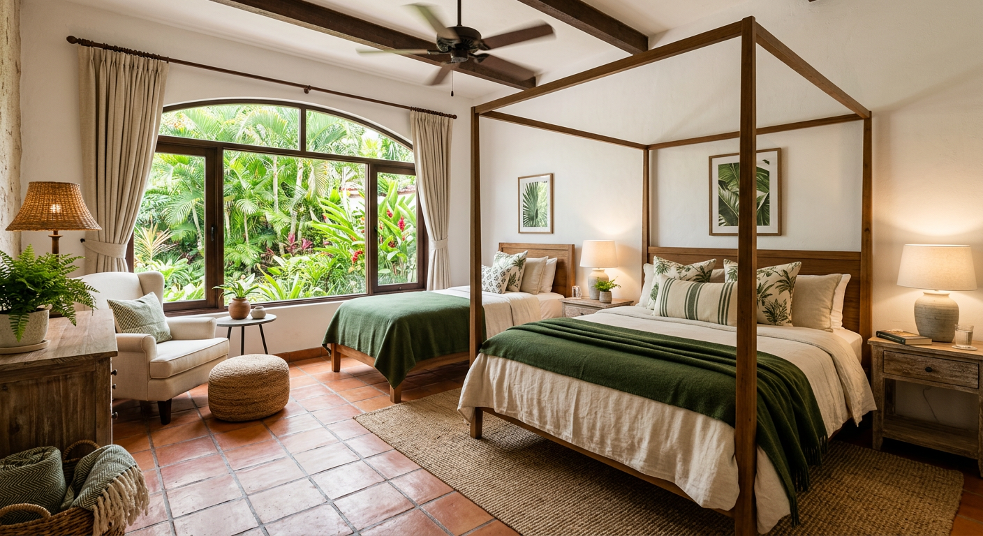 Habitación familiar con dos camas y vista al jardín